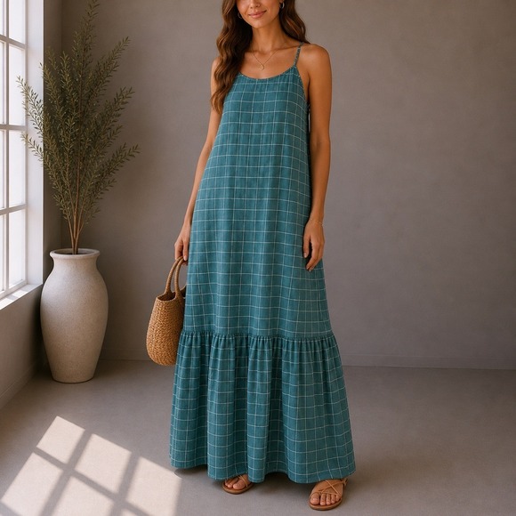 Unbranded Dresses & Skirts - Cottagecore Windowpane Maxi Dress Women Small Teal Tiered Boho Summer